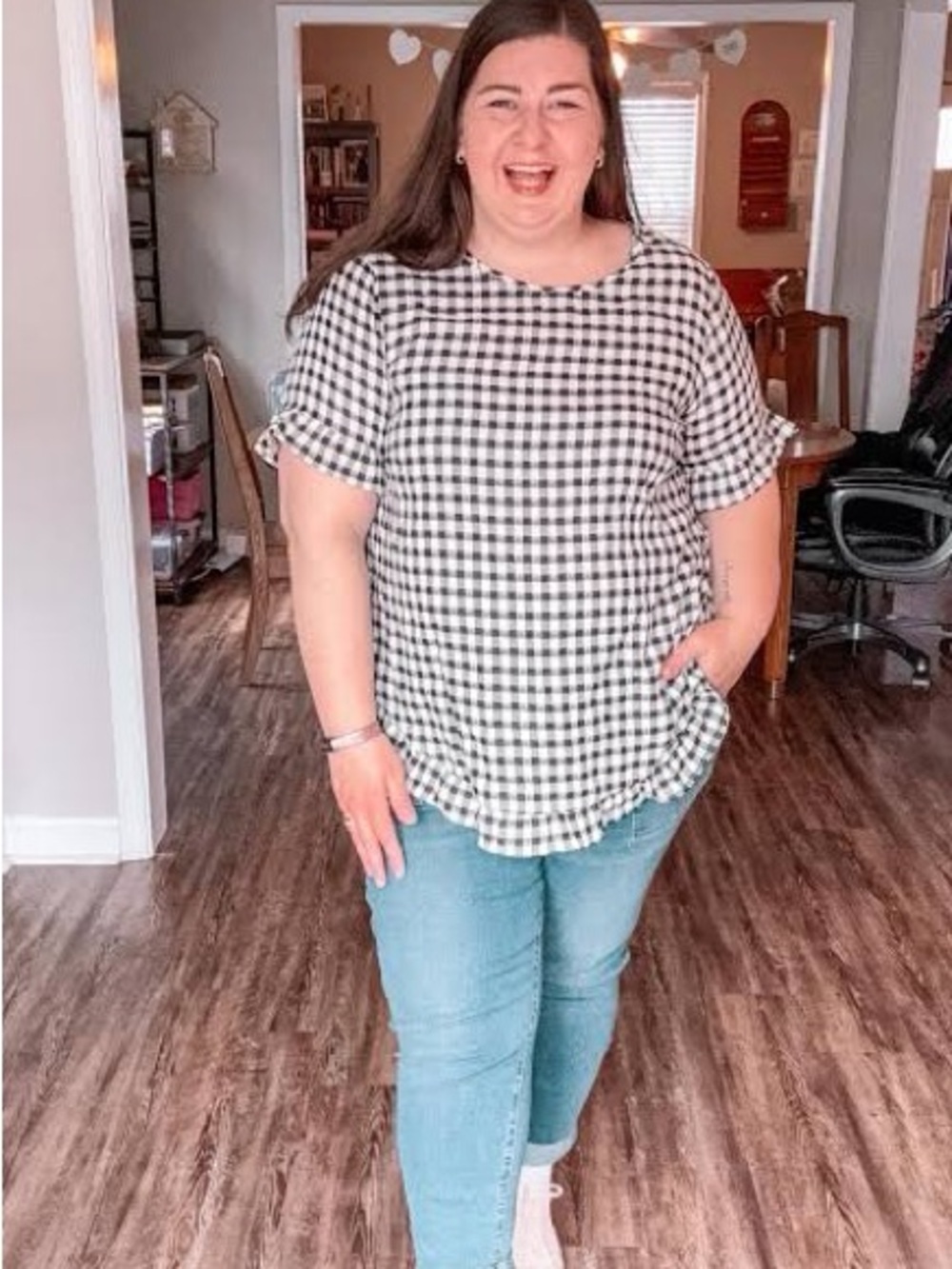 Gingham Short Sleeve Blouse in Black & Cream